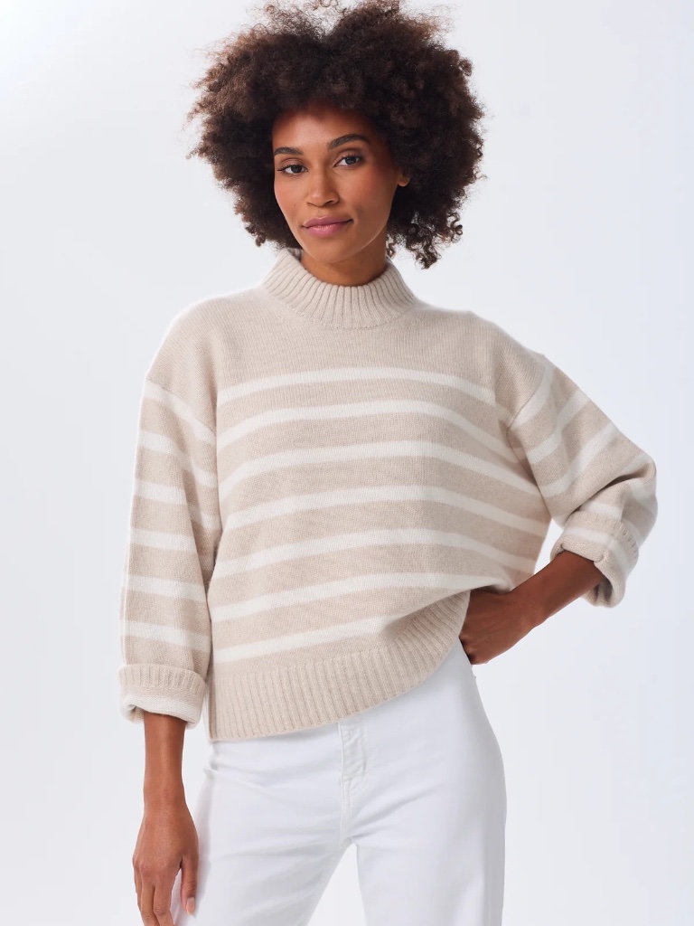 Alice Walk The Cashmere Crewneck In Oatmeal & White Stripe